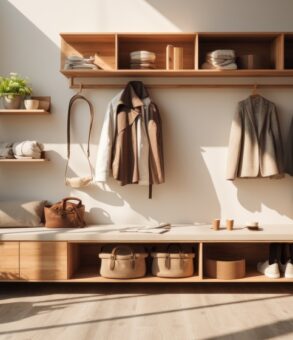Modern, organized mudroom basks in the soft light of morning.